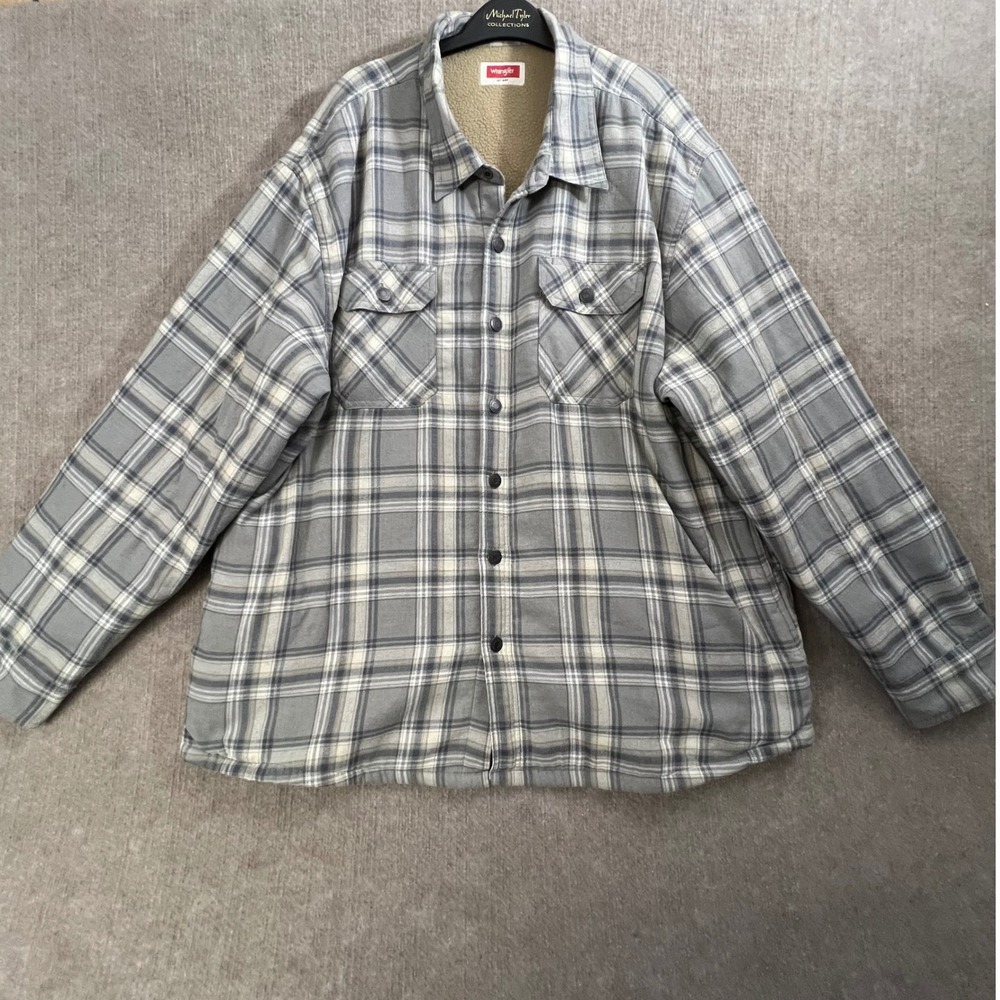 Wrangler Mens 2XL Gray Plaid Sherpa Lined Flannel Shirt Jacket‎ Overshirt